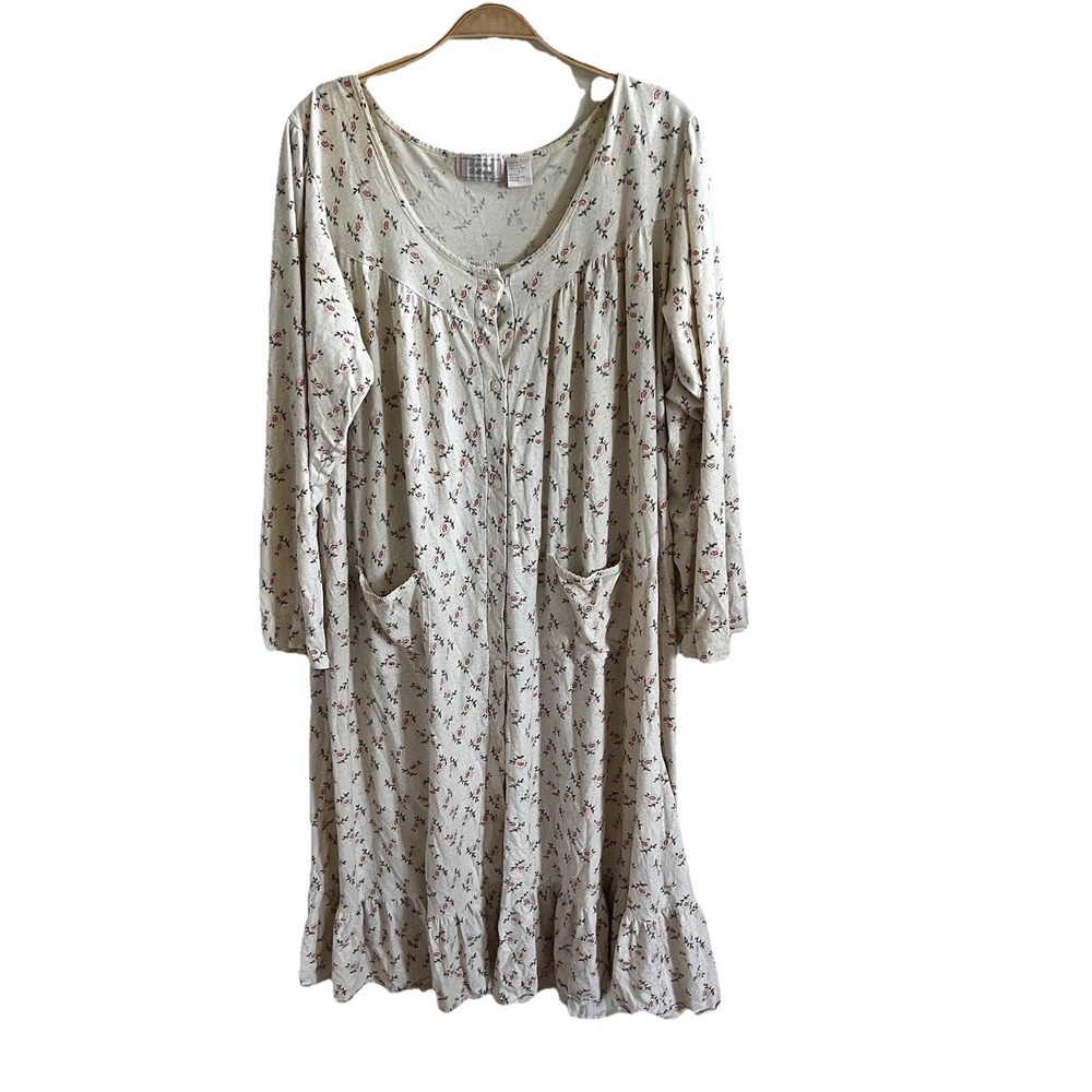 VTG Garden Gallery White Floral Long Sleeve Nightgown Cottagecore Sz Large